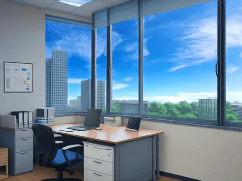 Nowoczesne biuro z widokiem zza okna.