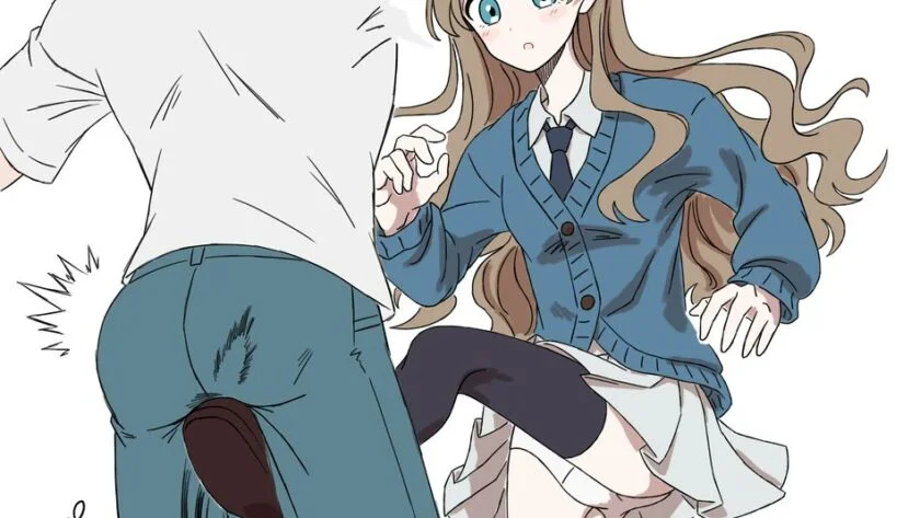 Dziewczyna w spódniczce kopiąca chłopaka w krocze.