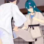 Kobieta w stroju karate uderzająca mężczyznę między nogi.