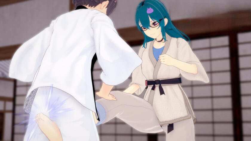 Kobieta w stroju karate uderzająca mężczyznę między nogi.