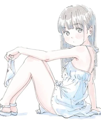 Dziewczyna w stylu anime, ubrana w niebieską sukienkę, trzymająca majtki.