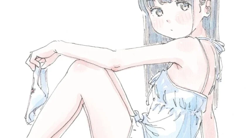 Dziewczyna w stylu anime, ubrana w niebieską sukienkę, trzymająca majtki.